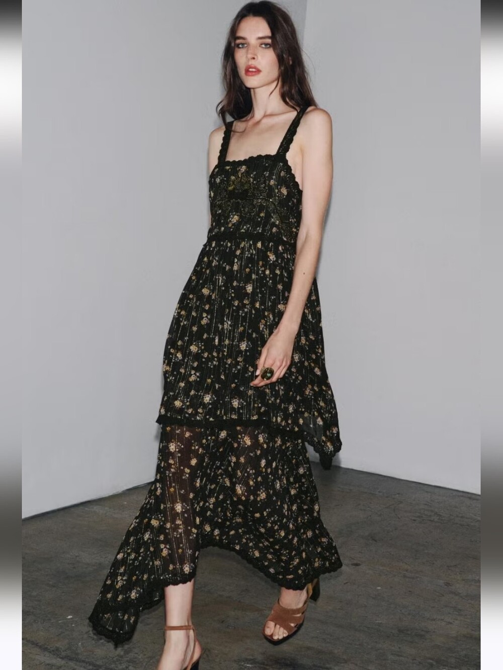 Zara Sheer Floral And Lace Tiered Midi Dress Size Small Black,Gold & Pink